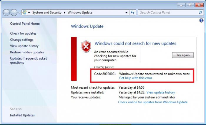 Windows 7 ve el error 800b0001